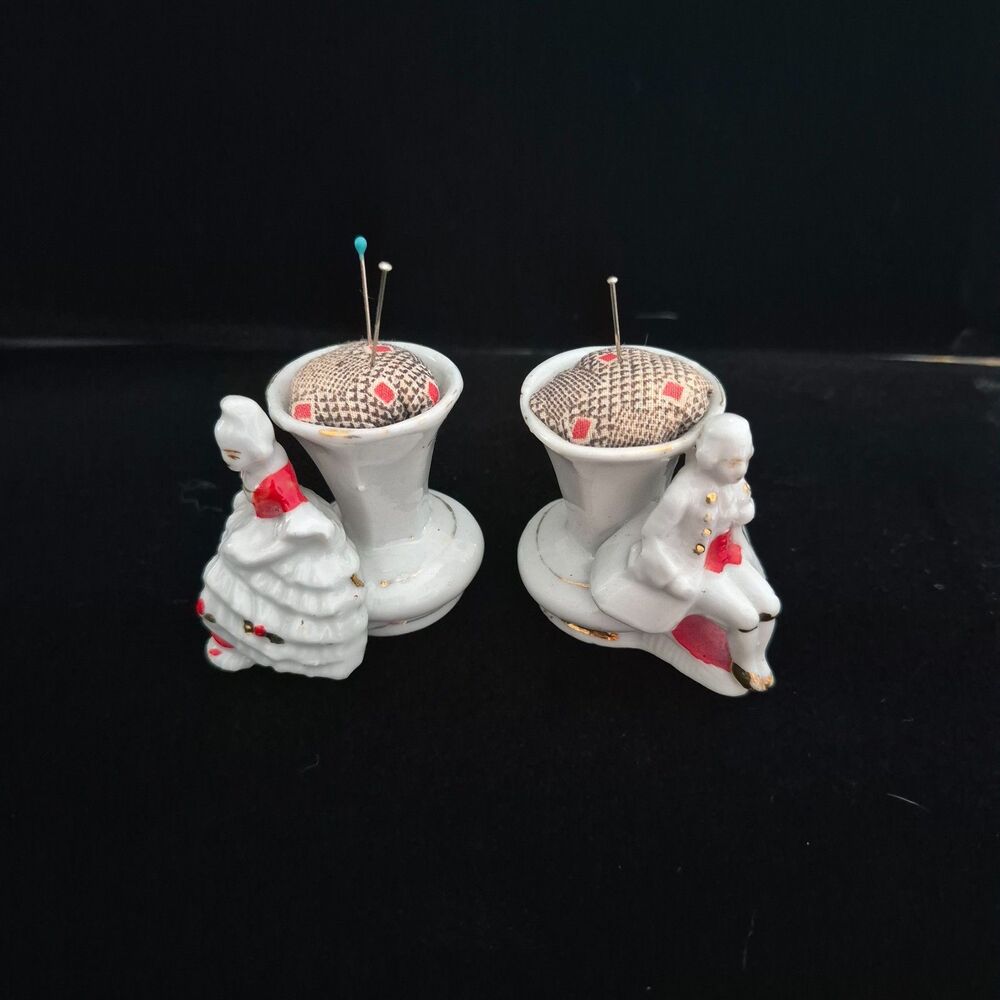 Vtg Set of 2 Porcelain Toothpick Holders Elegant Lady and Man Japan Pin Cushions